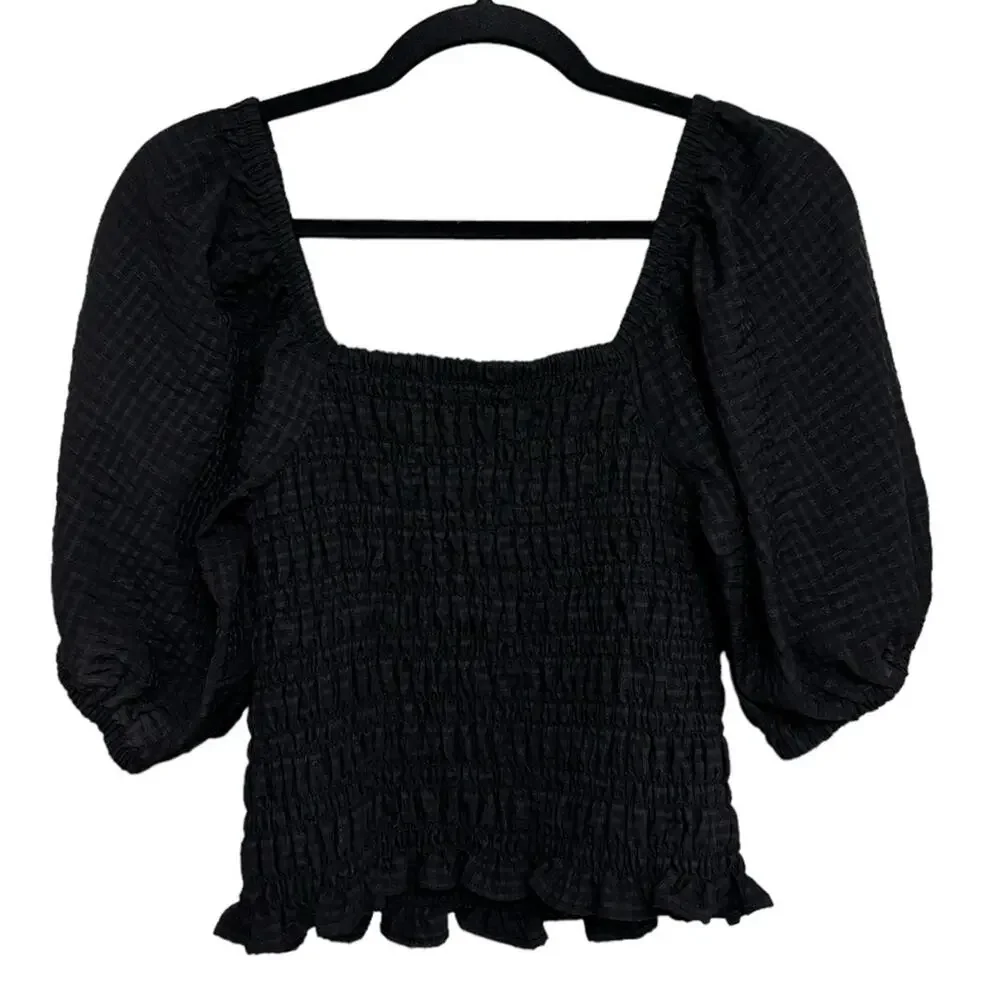 Old Navy Fitted Puff-Sleeve Smocked Top in Black Jack - Size S